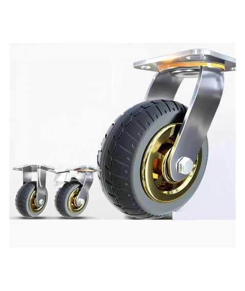 4 Pack Of 8 Inch Heavy Duty Stem Mount Caster Wheels With Swivel And Directional Brake Combo Silent Rubber Rollers close-up of rubber wheel with metallic swivel base