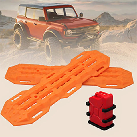 10 Piece RC Crawler Roof Rack Gear Kit With Luggage Net Fishing Box Oil Drum Shovel Antennas Recovery Board For Traxxas TRX4 TRX6 Axial SCX10 Redcat GEN7 GEN8 Rc4wd Black showcasing orange recovery boards and red oil drum against rocky terrain
