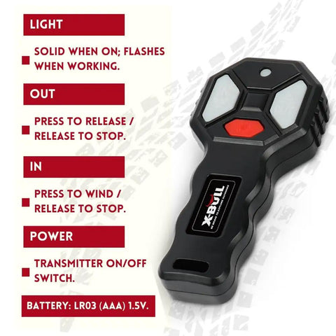Wireless remote for 12V 3000Lbs Steel Wire Winch For ATV UTV Off Road Towing with buttons and instructions, battery LR03 (AAA) 1.5V.