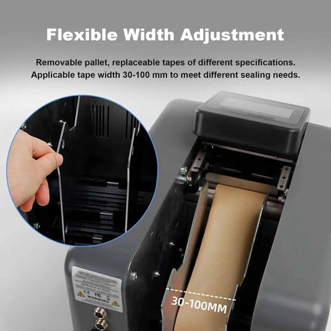 Electric Water Activated Tape Dispenser Heavy Duty Kraft Paper Tape Cutter With Button And Sensor Control For Packages showing flexible width adjustment 30-100mm.