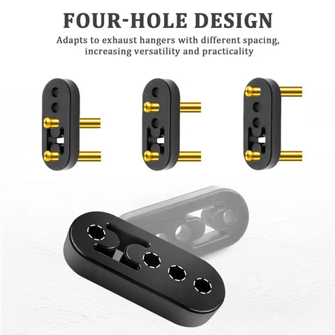 Four-hole design hangers in Exhaust Hanger Removal Tool Kit With 2 Four Hole Hangers, Universal Exhaust Hanger Pliers For Quick Muffler Removal, Essential Car Accessory For Easy, No Fuss Exhaust Hanger Removal with versatility text.