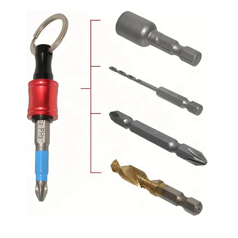 Six Piece Color Coded Screwdriver Bit Holder Set With Keychain Adapter and various bits on display