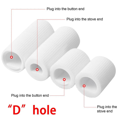 Four white adapters with 'D' hole for 4 Pack Control Knobs Replacement Kit With 12 Adapters For Oven Stove And Range Universal Fit For RV Camper Kitchens Easy Install Durable High Heat Knobs.