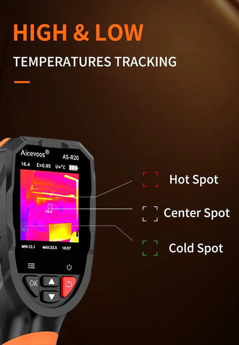 R20 Handheld Thermal Camera With Super Resolution 240x240 showing temperature tracking on screen with hotspots detected.