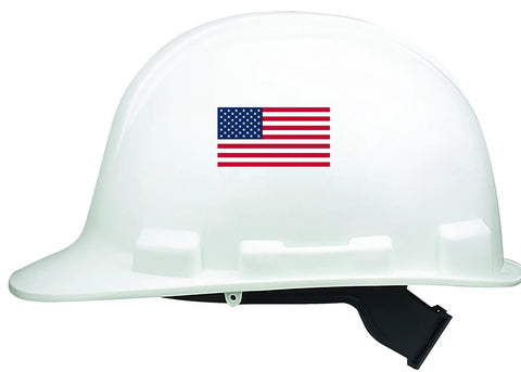 Hard hat with Patriotic USA Flag Sticker Pack Six White 1x2 Inch Decals For Hard Hats Biker Helmets Tool Boxes And Work Gear Made In USA