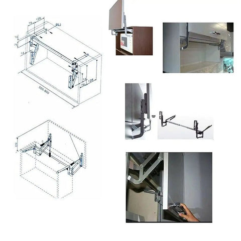 Translational Lift Up Cabinet Door Hinge Mechanism For 60 To 90 Cm Cabinets With 250N Beefy Spring collage and installation angles