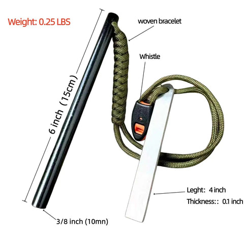 6 Inch Survival Fire Starter Ferro Rod With 3/8 Inch By 6 Inch Size, includes whistle and woven bracelet for outdoor use