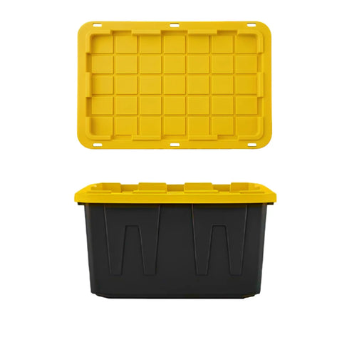 Tough As Nails Heavy Duty Storage Totes With Lids 27 Gallon stackable plastic bin with yellow lid for organizing garage and basement.