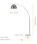 68 Inch Arc Floor Lamp With White Faux Marble Base And Chrome Bell Shade in full view with dimensions for living rooms.