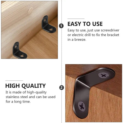 Close-up of Black Stainless Steel Right Angle Corner Brackets Set With Screws 18 Piece L Shape Furniture Fasteners For Shelves And Chests