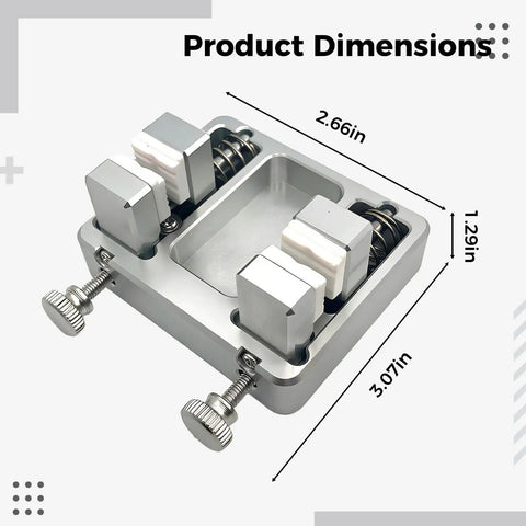 Heavy Duty Soldering Wire Fixture Set With Ceramic Jaws And Adjustable PCB Mounting Clamp For Robust Aluminum Base showing product dimensions 2.66in x 3.07in x 1.29in.