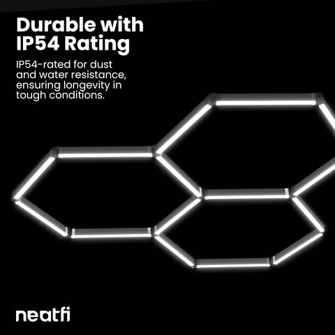 Ultra Bright 9000 Lumen LED Garage Light With IP54 Rating, hex panel design shown highlighting durability and water resistance