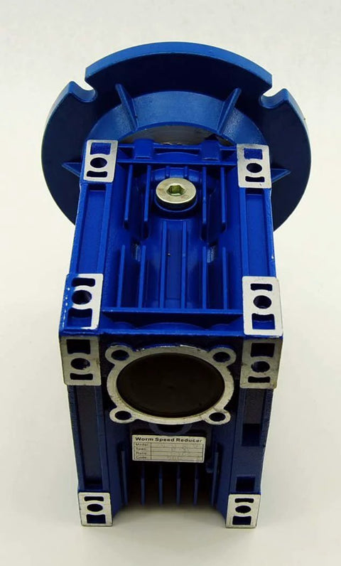 Worm gear speed reducer, blue housing, front four-bolt flange, central shaft opening.