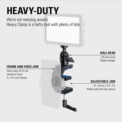 Heavy Duty Aluminum Camera And Lighting Mount Featuring Adjustable Ball Head with fixed jaw and adjustable clamp for secure grip.