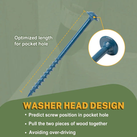 Exterior Pocket Hole Screws One And A Quarter Inch Blue Coated Coarse Thread Square Drive Weather Resistant 600 Count with close-up view showing washer head design and optimized length.