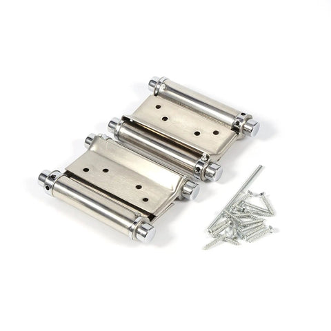 3-Inch Double Action Spring Hinge For Saloon And Cafe Doors, Stainless Steel Build, 2-Piece Set with screws on white background