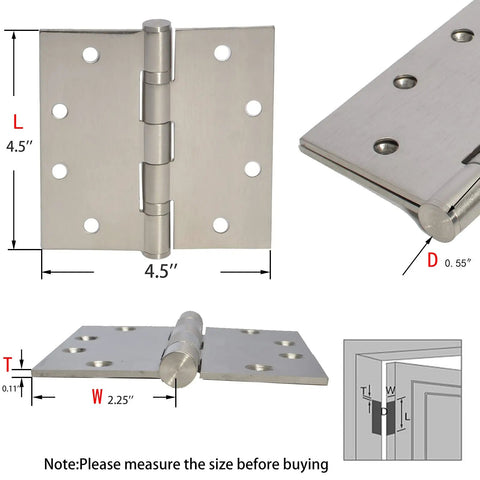 Image of Six Pack 4.5 Inch By 4.5 Inch Heavy Duty Stainless Steel Door Hinges with ball bearing, square corner, dimensional details.