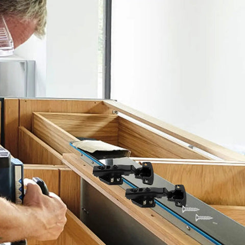 Concealed Black Stainless Steel Cabinet Hinges Set of 3 with full overlay design shown in kitchen installation.