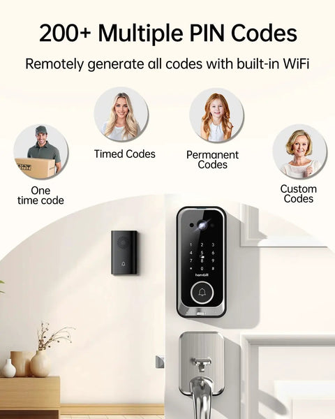 No Sweat Smart Front Door Lock With 2K HD Camera Video Doorbell Kit, showing keypad entry and doorbell with Wi-Fi.