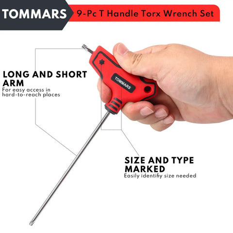 Nine Piece T Handle Torx Wrench Set Tamper Proof T10 To T50 Built From S2 Steel For Maximum Strength Dual Arm Design Lets You Use Short Or Long Reach In Tight Spaces Heavy Duty Pro Grade Tool Set, long arm view