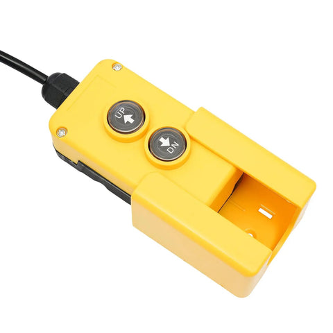 Straight Up Heavy Duty 12V Hydraulic Power Unit With 4 Quart Tank Single Acting Electric Pump, yellow remote control with UP and DN buttons.