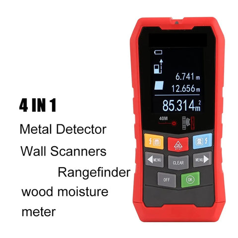 Heavy Duty Wall Detector Scanner And Real Deal Stud Finder showing a red handheld device with LCD, measuring studs and live cables.