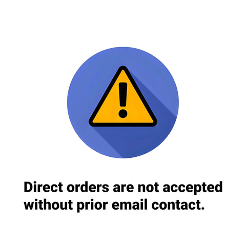 Warning sign on blue background about order restrictions without email contact.