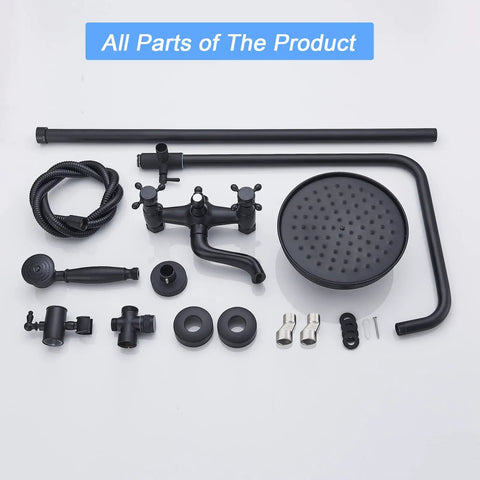 Matte Black Outdoor Shower Faucet Set With 8 Inch Rainfall Shower Head And Handheld Spray Luxury Shower System components display