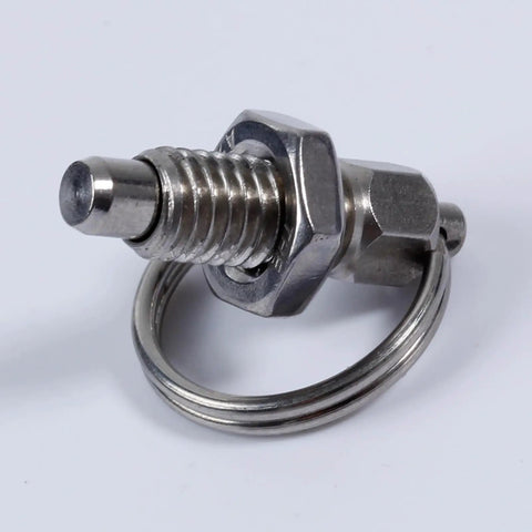 Solid As A Rock 4 Piece Stainless Steel Indexing Plunger Pins With Spring Loaded Knobs For Precision Positioning Heavy Duty Furniture Assembly And Industrial Mounting Gear close-up of a single stainless steel indexing plunger pin.