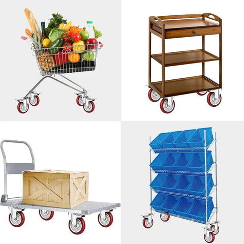 heavy duty swivel casters on shopping cart, serving trolley, moving dolly, and storage rack, showcasing versatility and durability for transport