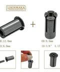 Pro Grade Stainless Steel Router Collet Chuck Set, Five Piece Bit Collet Kit with sizes and measurements displayed