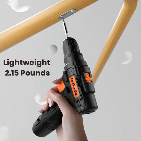 12V Cordless Drill Driver The Go Heavy Lifter With A Zippy 2.0Ah Battery and Lightning Quick Charger, lightweight 2.15 lbs in use.