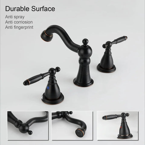 Slick Oil Rubbed Bronze 8 Inch Widespread Bathroom Sink Faucet With Drain, Double Lever Handle, 3-Hole Mount, Classic ORB Vanity