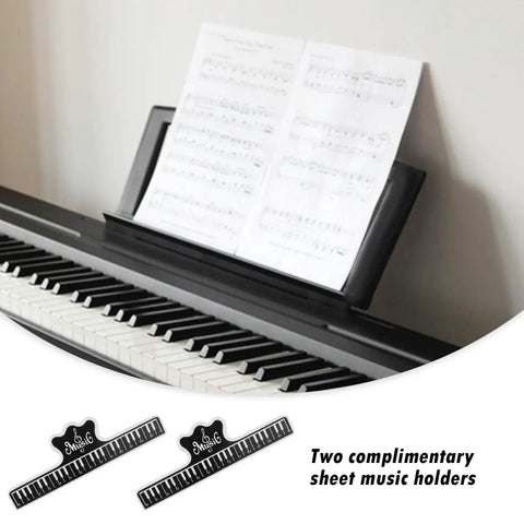 Sturdy Piano Keyboard Stand With Clips, Plastic Sheet Music Holder For Piano And Digital Keyboards shown with sheet music on a piano