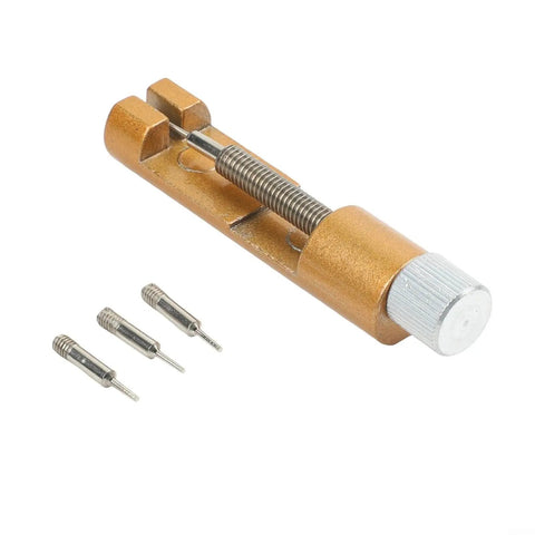 Heavy Duty Metal Watch Link Remover Tool With Micro Adjustment Slider For 14-26mm Stainless Steel Bands Gold Tone Strap Adjuster Kit Includes 3 Extra Pins And Spring Bar Tool For Easy Home Or Travel Repairs.