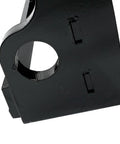 Close-up of black coated X Change Quick Hitch Coupler for Mini Excavators, showing durable steel attachment with pin holes.