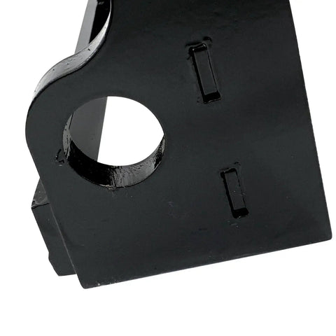 Close-up of black coated X Change Quick Hitch Coupler for Mini Excavators, showing durable steel attachment with pin holes.