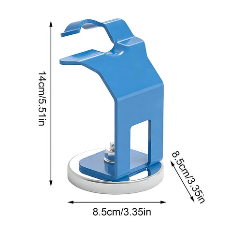 Handy Heavy Duty Magnetic Torch Holder With Strong Base For Welding Station No Reach Bracket To Keep Your Mig Tool Secure And Steady On Any Steel Surface, blue steel torch stand with measurements displayed.