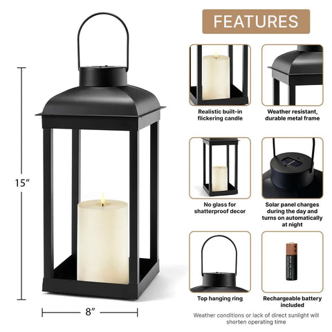 Outdoor Solar Powered Lantern With Flickering LED Candle For Porch Garden And Patio, 15 Inch Tall Black Metal Open Frame No Glass