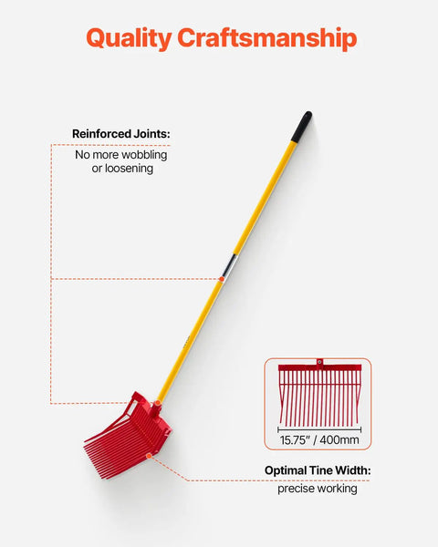 Manure Fork With 18 Angled Tines Long Fiberglass Handle Muck Rake Tool For Garden And Farm Cleanup, reinforced joints shown