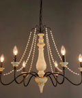 French Country Farmhouse Six Light Chandelier With Wood Bead Accents For Dining Room Living Room And Bedroom, Distressed White Wood Finish