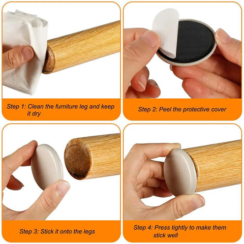 Application steps for 12 Pack Self Adhesive 2 Inch Furniture Sliders For Carpet And Hardwood Floors Heavy Duty Moving Pads