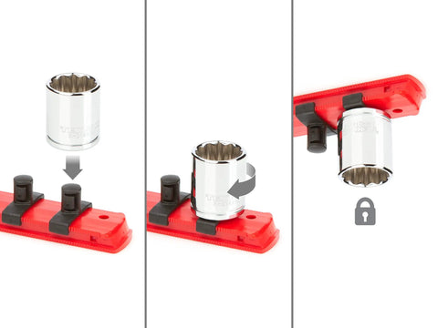 Illustration showing socket attachment on rail for Pro Grade DIY Ready Three Eighths Inch Drive Twelve Point Socket Set, Thirty Four Piece.
