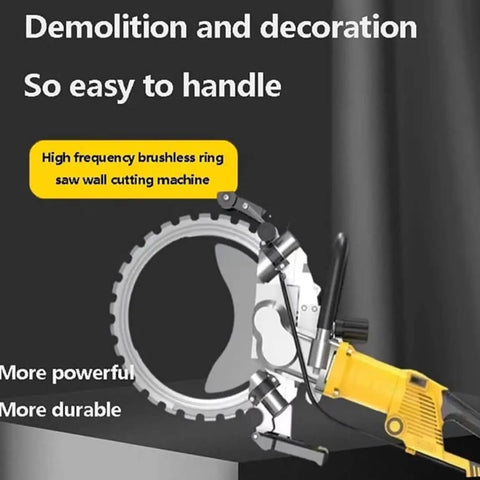 Heavy Duty Electric Brushless Circular Saw Bad Boy Workhorse With 5000 Watts Driving A No Sweat 290 Millimeter Cut Depth Expertly Engineered For Dust Free Wall And Floor Grooving close-up of cutting machine with ring saw attachments.