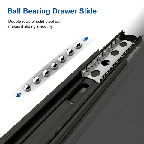 Close-up of 14 Inch Drawer Slide VA1245 Black Beefy Ball Bearing Full Extension 3 Folds Side Mount with ball bearings for cabinets