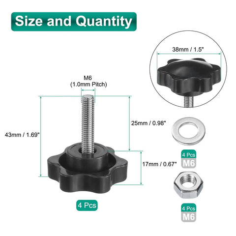Four Pack Heavy Duty Star Clamping Knobs With Straight Shot M6 Metric Threads And Rock Solid Stainless Steel Shafts Paired With A Knockout Black Plastic Grip For Quick Tweaks dimensions and features displayed.