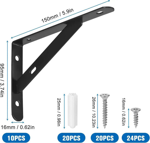 10 Pack 6 Inch Heavy Duty L Shelf Brackets Hardcore Wall Mount Support, black iron bracket with screws and anchors for shelves.