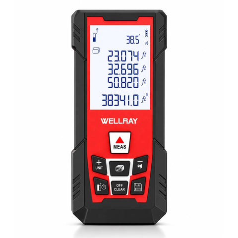 150M Laser Distance Meter With 492 Ft Range, 1/25 Inch Accuracy, IP54 Rating, Long Battery Life With About 8000 Measurements Per Battery Change, Multi Mode Distance, Area And Volume, Perfect For Architects Builders And DIY Pros, red handheld device