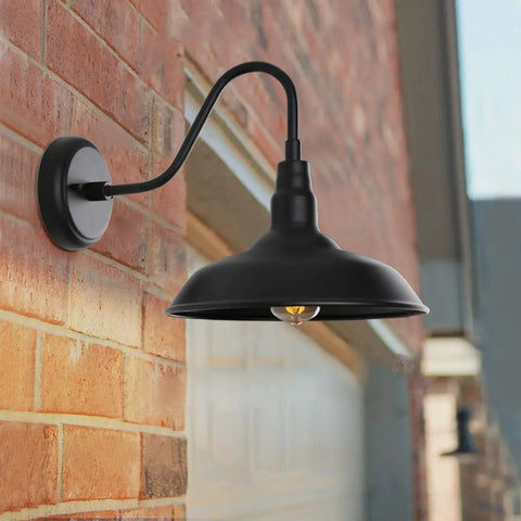 Black Gooseneck Barn Light With 10 Inch Dome Exterior Wall Mount Lamp for rustic farmhouse garage patio outdoor sconce.
