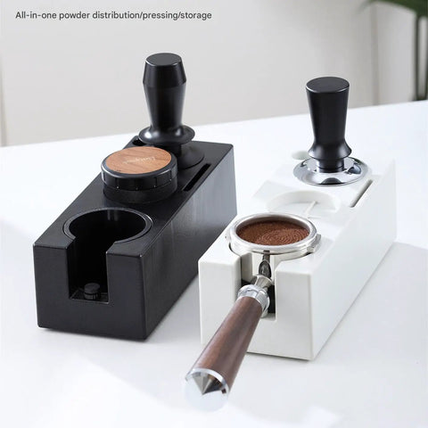 Top Notch Espresso Tamper Base With Distribution Tool For 51mm 53mm And 58mm Portafilters, black and white versions displayed